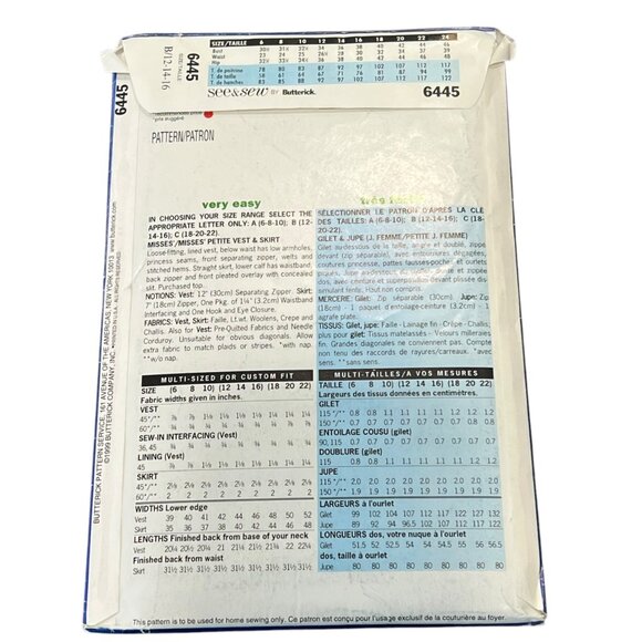 Butterick See & Sew 6445 Sewing Pattern Womens Vest & Skirt Sizes 12-14-16 - Picture 2 of 2